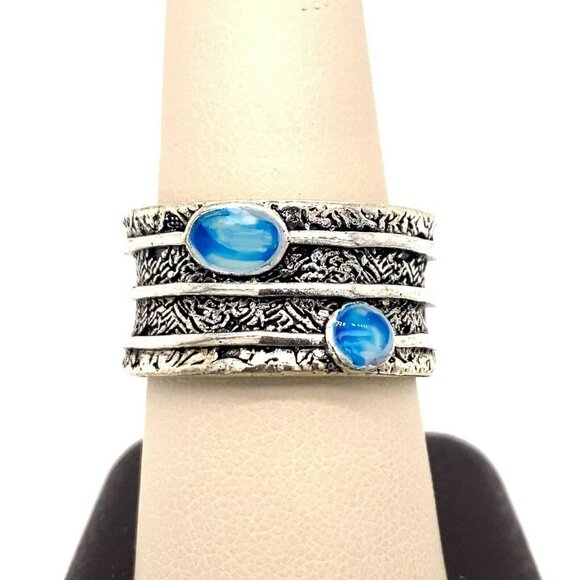 Estate Sterling Silver & Blue Enamel Size 8.5 Band Artisan Ring! 187 - Picture 1 of 5